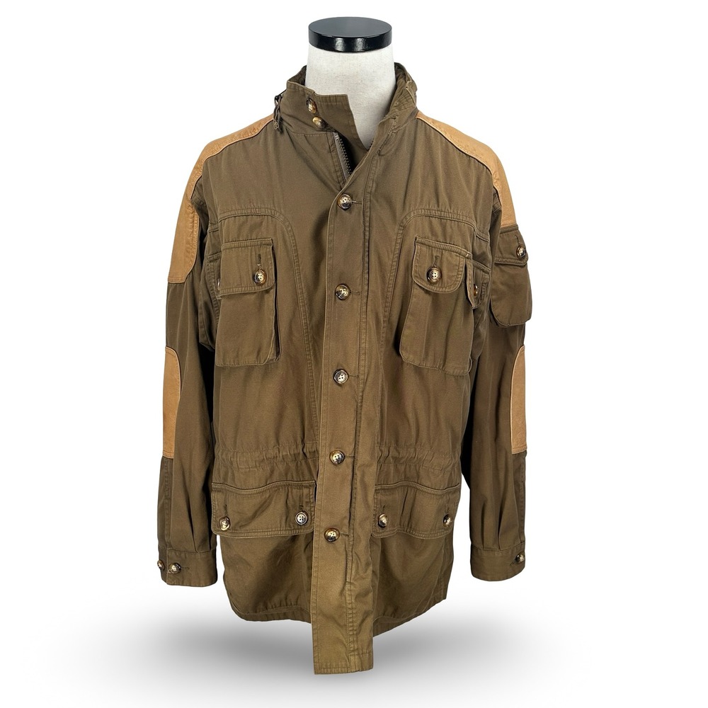 Vintage Orvis Mens Field Ranger Jacket Olive Brown Leather Patches Plaid Large‎